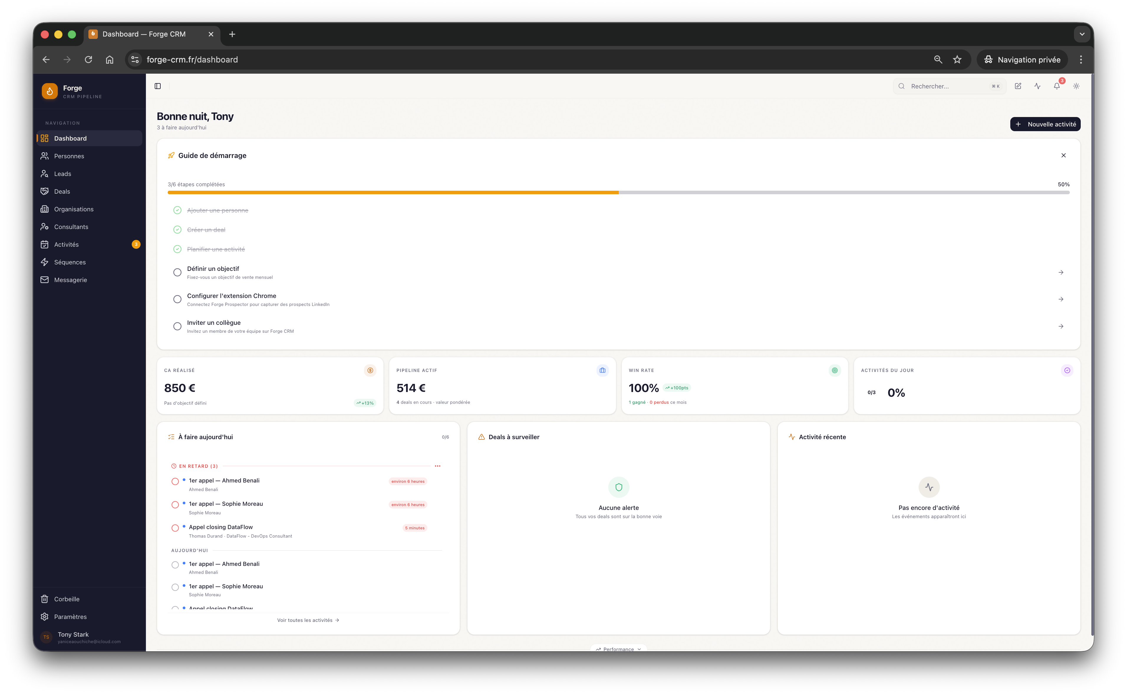 Forge CRM — Dashboard avec KPIs et activités