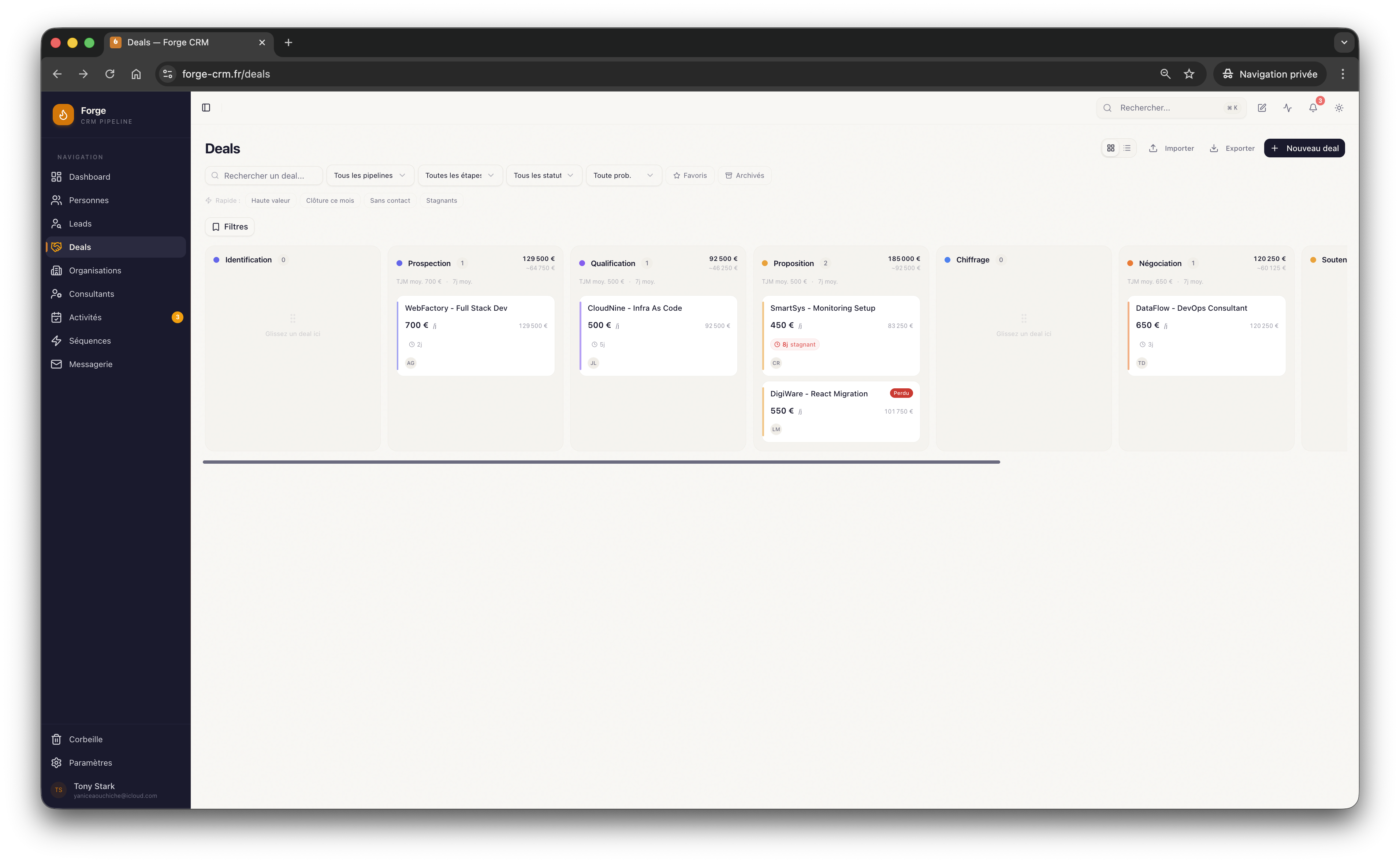 Pipeline Kanban des deals